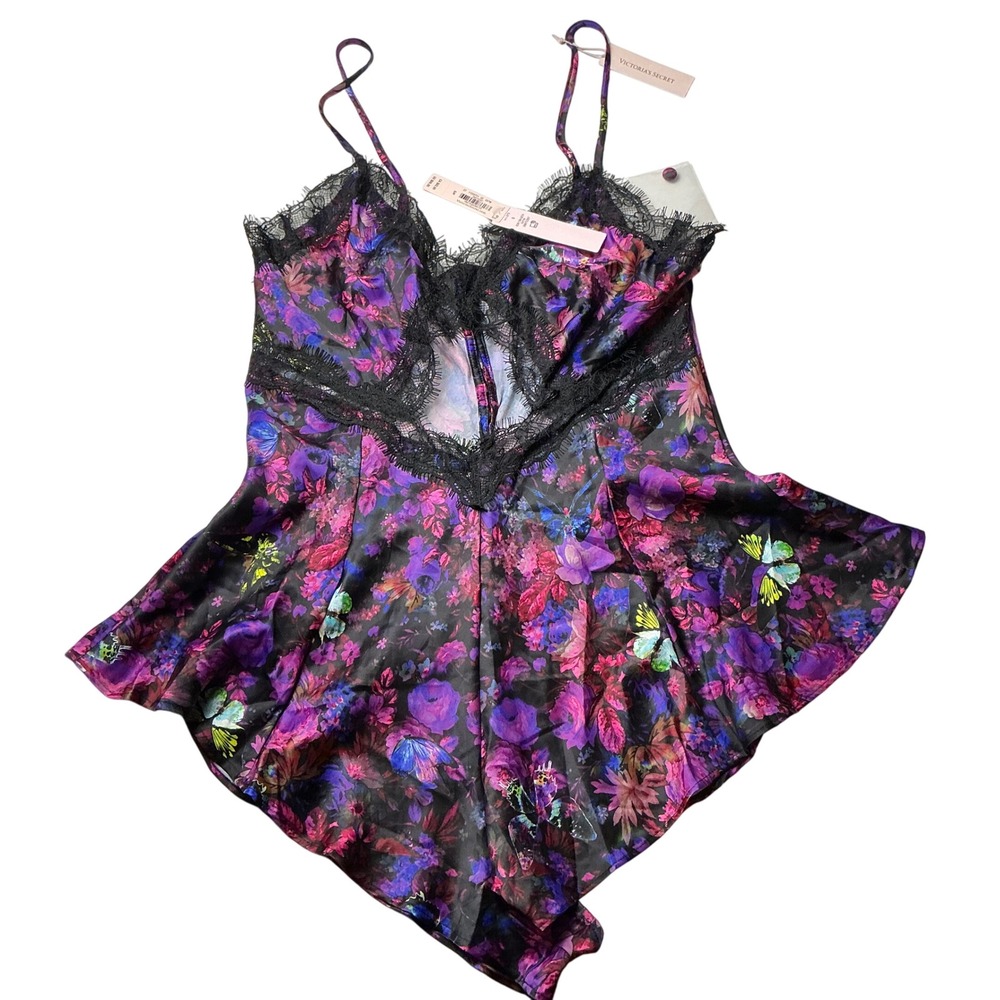 Victoria's Secret Floral Butterfly Lace Trim Cami Romper Bodysuit New